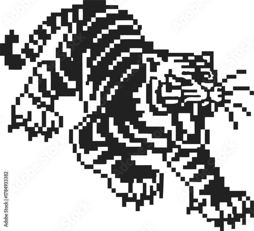 Pixel art fierce tiger illustration black and white striped wild animal, vintage video game style, retro digital design