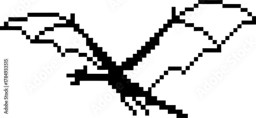 Pixel art black dragon flying with wings spread retro digital fantasy creature, mythical beast silhouette, isolated white background