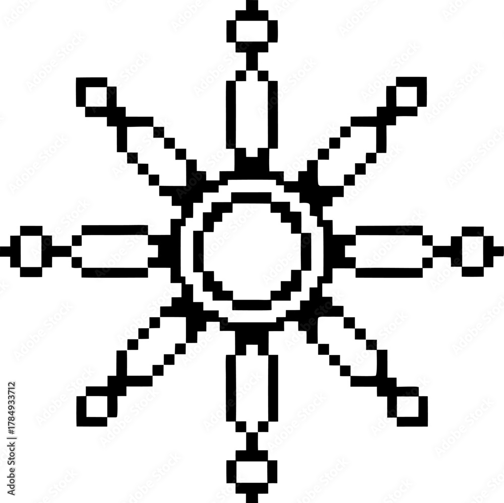 Fototapeta premium Black and white pixelated geometric sun with eight symmetrical rays and circular center, digital retro abstract design