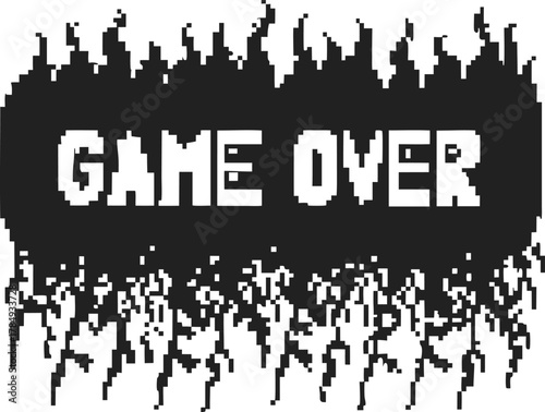 game over pixel art icon, retro arcade message in monochrome black and white, digital glitch, pixelated loss display