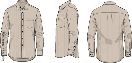 Long sleeve shirt technical sketch, front view, side view, back view, fashion flat, garment design, apparel template, menswear illustration