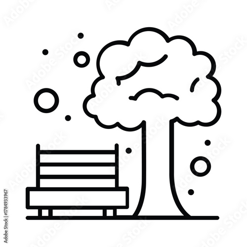 A line drawing of a park scene with a bench tree and abstract shapes