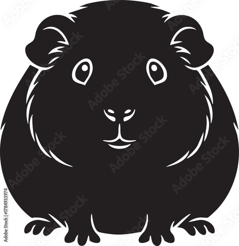 A charming stylized black silhouette illustration of a guinea pig with subtle white lines highlighting its face and fur texture, perfect for pet-related designs, children's books or logos.
