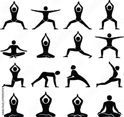 Set of yoga icons for fitness and wellness, showing various meditation and stretching postures and poses for health and exercise