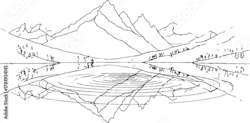 Monochromatic Line Art of a Mountain Landscape Reflected in a Tranquil Lake with Ripples