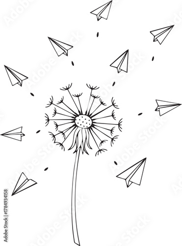 Global Communication: Dandelion Spreading Paper Airplane Seeds Line Art