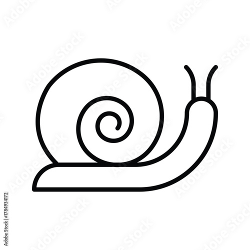 A line drawing of a snail with a spiral shell and two antennae