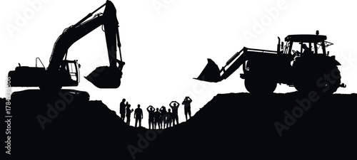Excavator silhouette, tractor loader, construction site, trench workers, heavy machinery, teamwork, black vector, digging scene, industrial labor, inspection moment