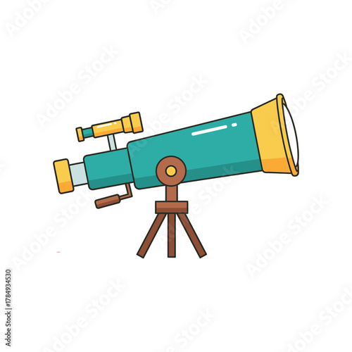 Cartoon Telescope on Tripod Observing the Cosmos and Celestial Objects