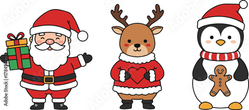 Santa Claus, reindeer, penguin, Christmas characters, l, red, white, cute, seasonal, joyful, December, greeting, decoration, children, fun