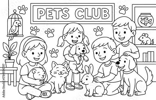hand drawn vector illustration of pets club coloring page for kids