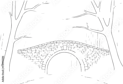 Hand-drawn illustration of an arched stone bridge flanked by trees