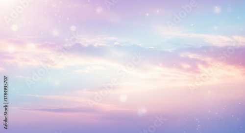 Fototapeta Naklejka Na Ścianę i Meble -  A serene, pastel-colored sky with fluffy white clouds and a soft, ethereal glow.