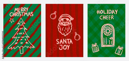 Merry Christmas And New Year Poster Banner Hand Drawn Style Set.