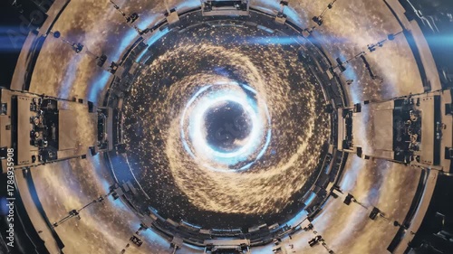 Tunnel view of a space anomaly with metallic infrastructure framing a swirling mass of cosmic matter radiating bright light