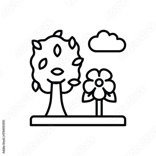 A simplistic garden scene with a tree flower cloud and horizontal base