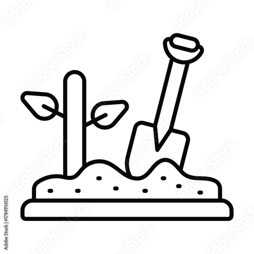 A sprout rises from soil with a shovel planted nearby all on a doublelayered base