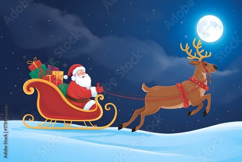 Santa Claus Riding Sleigh with Reindeer and Christmas Gifts Under Moonlight | Magical Winter Night Scene
