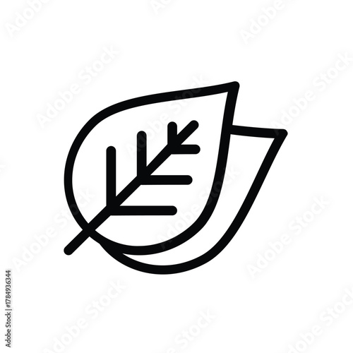 A stark black and white illustration features two leaves one slightly overlapping the other with detailed inner veins