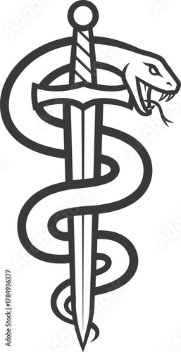 Military medical symbol, sword and snake emblem, emergency healthcare icon, stylized Rod of Asclepius, combat medicine, healing and protection