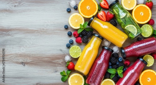 Bottles of colorful fruit juices with berries and ice cubes on a wooden table.