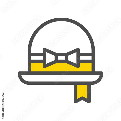 A stylized image of a white hat with a yellow ribbon and bow