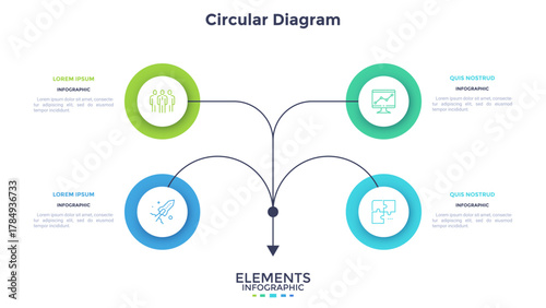 Connection of company departments circular mindmap infographic design template. Business strategy effectivity elements visualization. Informative chart with 4 steps. Data presentation material