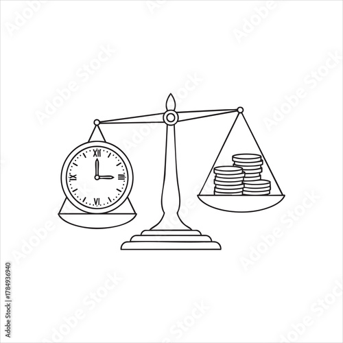 Outline balance scale with clock and coin representing time value