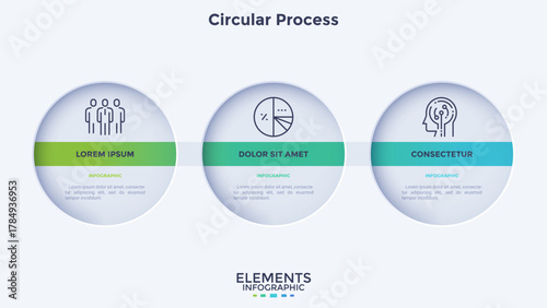 Process chart with three connected paper white circles placed in horizontal row. Concept of 3 stages of startup development. Modern infographic design template. Flat vector illustration for report.