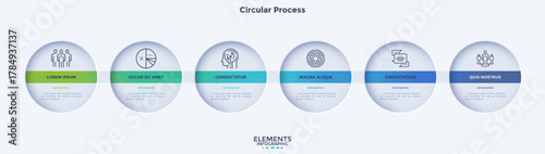 Process chart with six connected paper white circles placed in horizontal row. Concept of 6 stages of startup development. Modern infographic design template. Flat vector illustration for report.