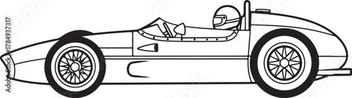 Classic Open-Wheel Racing Car Illustration with Driver in Helmet
