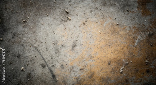 A weathered, gray concrete surface with patches of rust and peeling paint.