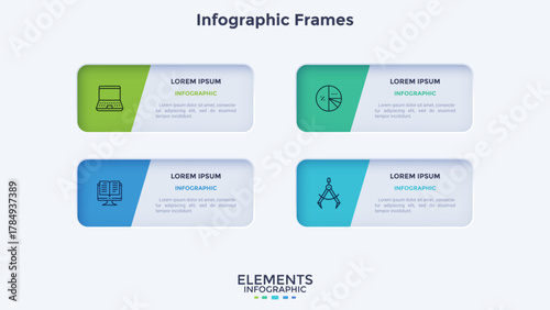 Modern horizontal diagram with 4 rectangular frames or cards. Concept of four features of business project. Minimal infographic design template. Flat vector illustration for presentation, banner.