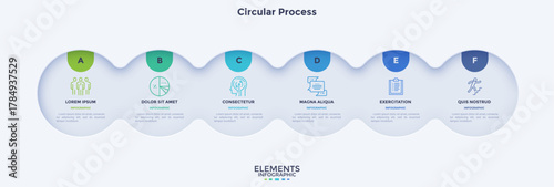 Process chart with six connected paper white circles placed in horizontal row. Concept of 6 stages of startup development. Modern infographic design template. Flat vector illustration for report.