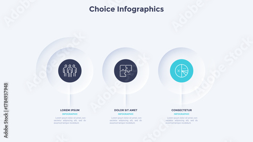 Three round buttons placed in horizontal row. Concept of 3 successive stages of business project development process. Neumorphic infographic design template. Modern vector illustration for banner.
