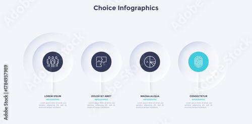 Four round buttons placed in horizontal row. Concept of 4 successive stages of business project development process. Neumorphic infographic design template. Modern vector illustration for banner.