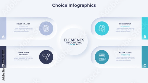 Scheme with four round elements and central paper white circle. Concept of 4 options of business plan. Simple infographic design template. Neumorphic vector illustration for presentation.