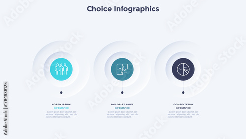 Three circular elements placed in horizontal row. Concept of 3 steps to startup project launch. Neumorphic infographic design template. Modern flat vector illustration for business presentation.