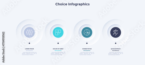 Four circular elements placed in horizontal row. Concept of 4 steps to startup project launch. Neumorphic infographic design template. Modern flat vector illustration for business presentation.