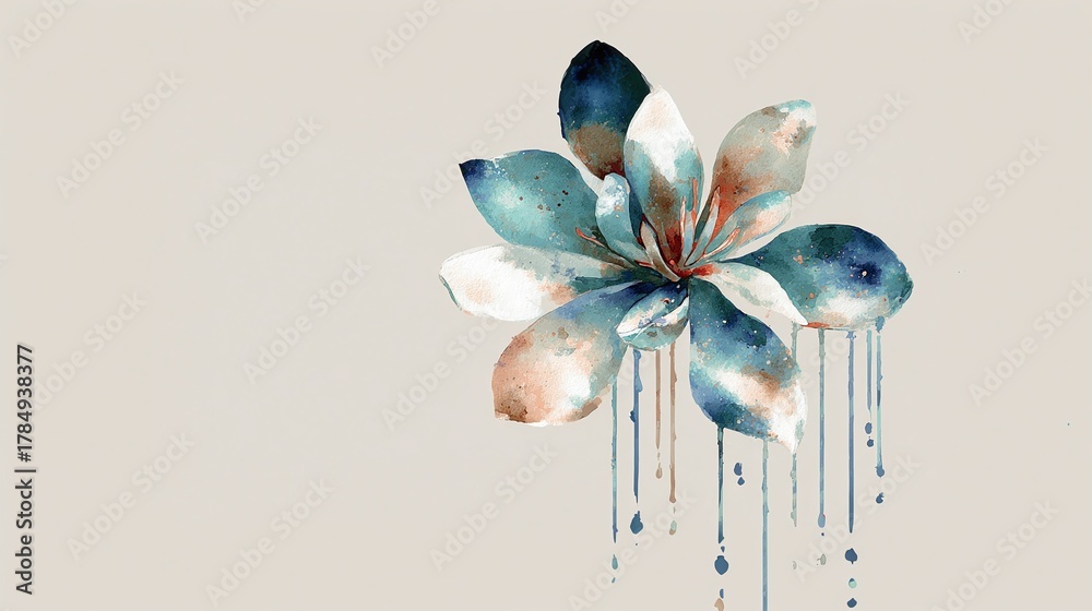 Fototapeta premium A delicate floral artwork rendered in a soft watercolor style. The petals feature a mix of blue, white, and brown tones, creating a dreamy and ethereal aesthetic.