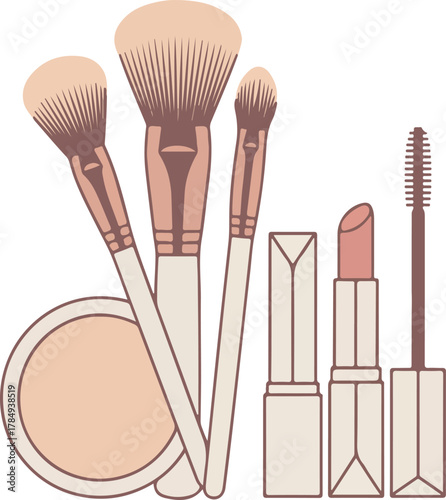 Collection of essential beauty products vector illustration including makeup brushes compact powder lipstick and mascara