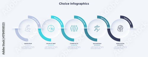 Five circular elements placed in horizontal row. Concept of 5 steps to startup project launch. Neumorphic infographic design template. Modern flat vector illustration for business presentation.