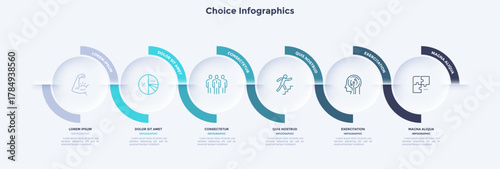 Six circular elements placed in horizontal row. Concept of 6 steps to startup project launch. Neumorphic infographic design template. Modern flat vector illustration for business presentation.