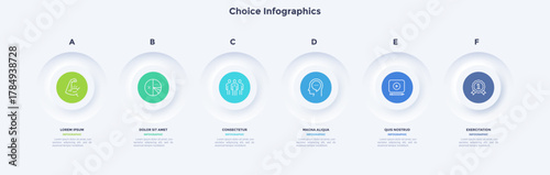 Six round buttons placed in horizontal row. Concept of 6 successive stages of business project development process. Neumorphic infographic design template. Modern vector illustration for banner.