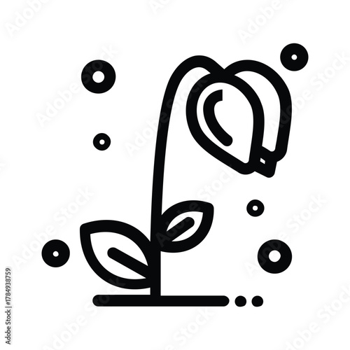 An isolated black line drawing of a wilted flower with a drooping head Several black circles are scattered around