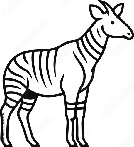 Line art illustration of an okapi with zebra like stripes on its hindquarters and legs standing