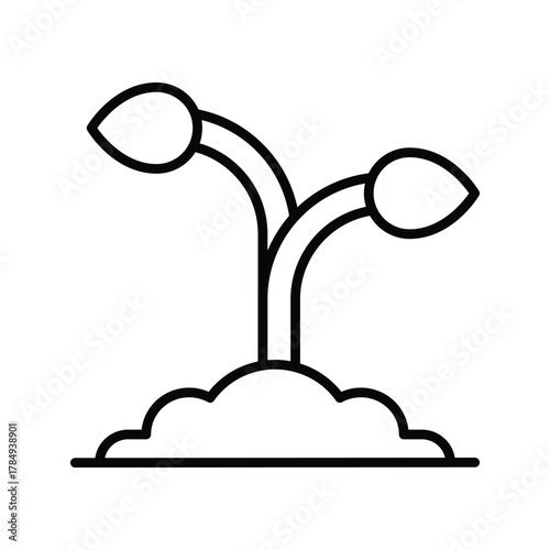 An outline of a small plant growing from soil Two teardropshaped leaves are on bent stems