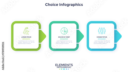 Progress bar with three colorful arrows and paper white square elements placed in horizontal row. Concept of 3 steps to project completion. Simple infographic design template. Vector illustration.