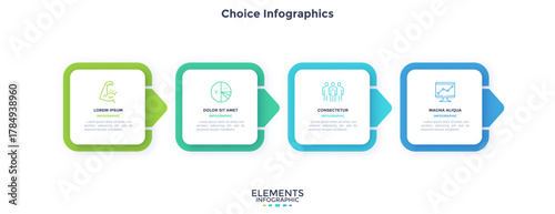 Progress bar with four colorful arrows and paper white square elements placed in horizontal row. Concept of 4 steps to project completion. Simple infographic design template. Vector illustration.