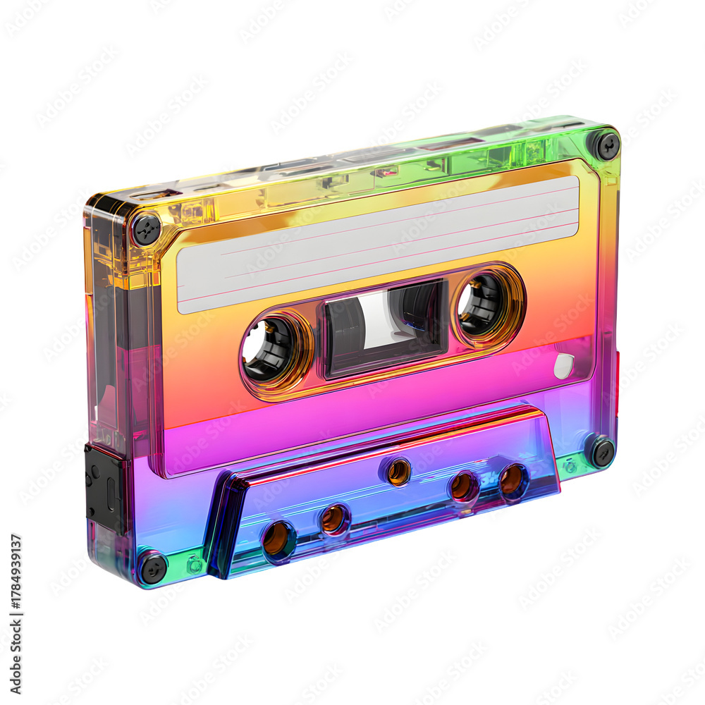 Obraz premium Retro rainbow colored cassette tape with clear plastic housing isolated on transparent background